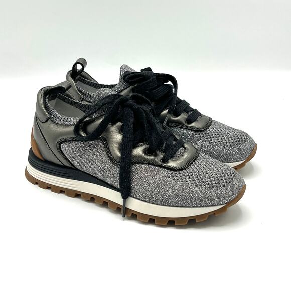 NEW Brunello Cucinelli Metallic Knit and Leather Sneakers Size 35.5 (US 5.5) - Picture 2 of 12